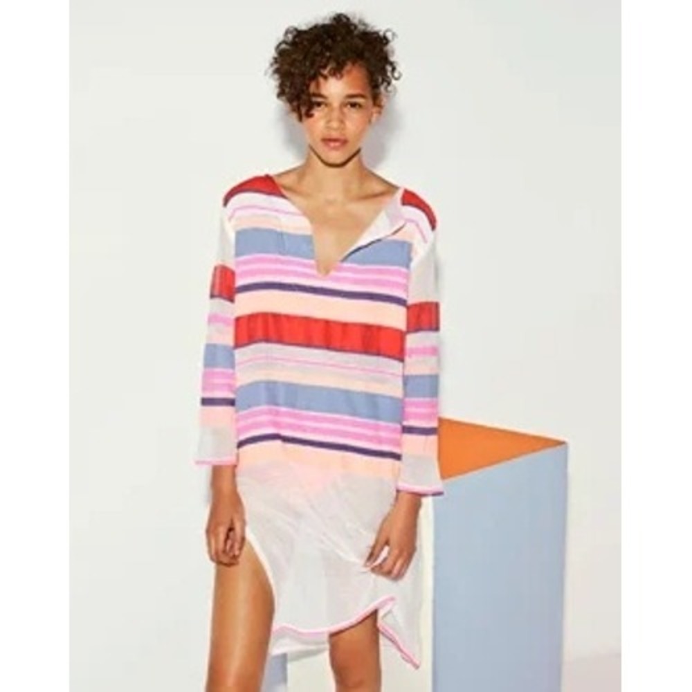 Lemlem Striped Tunic Dress Womens Size L Pink Blue Cover Up Resortwear EUC